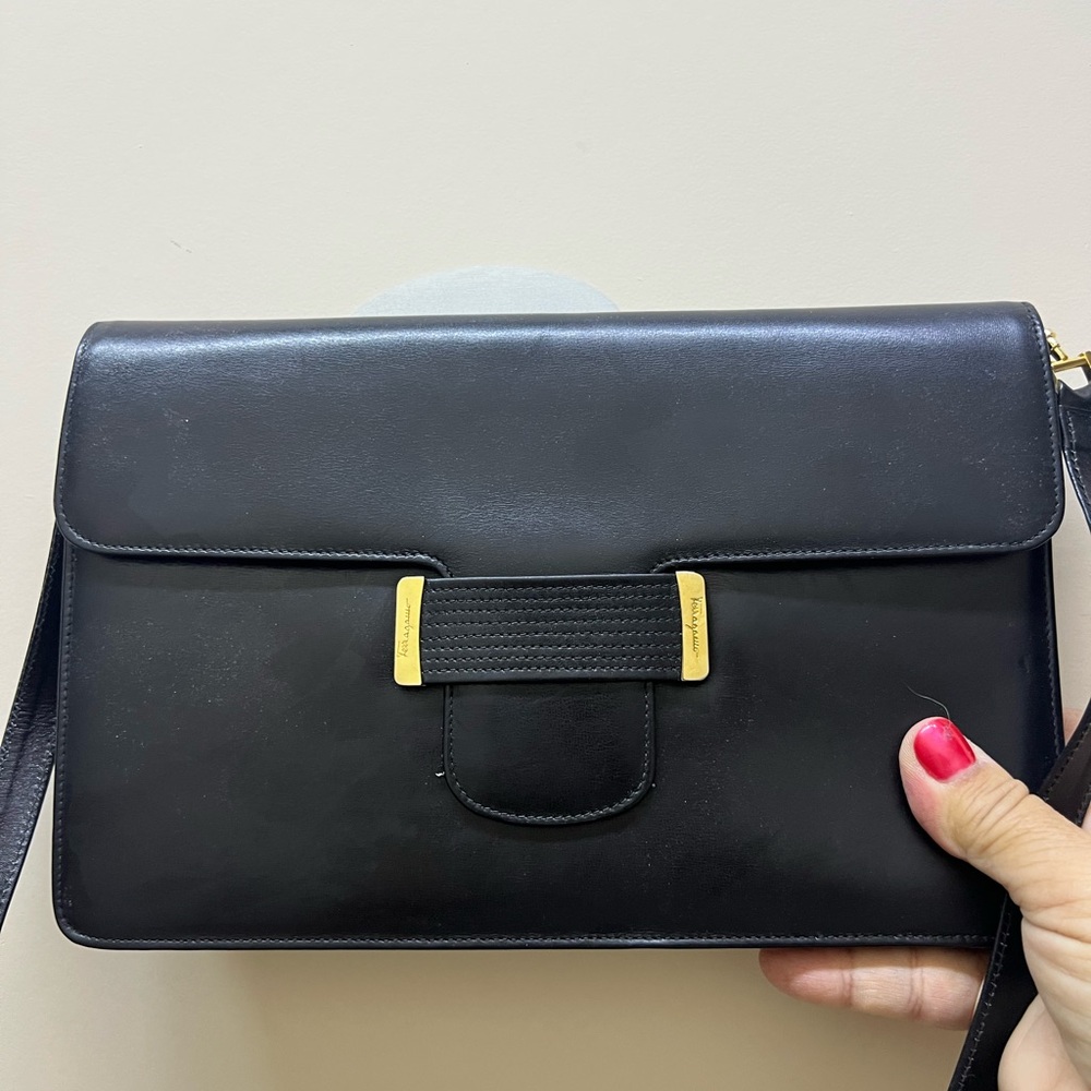Salvatore Ferragamo Black Leather Bag with Gold Details